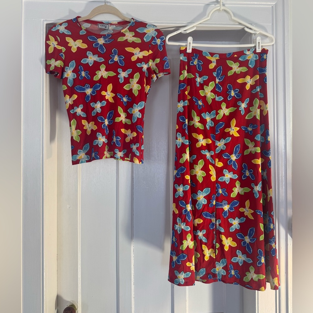 Versace Classic V2 Red Floral Two Piece Skirt and Shirt set
